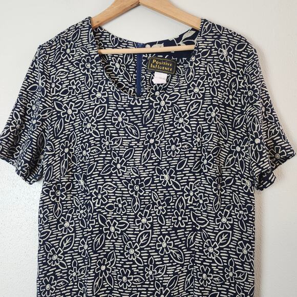 Positive Influence VTG Women's SZ 16 Maxi Short Sleeve Navy/Beige Linen Blend - Picture 2 of 13